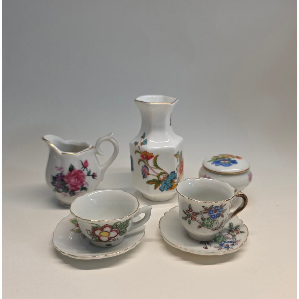 Ardalt Vase Japan Mini Tea Set Floral Porcelain Cups Saucers Creamer Jar